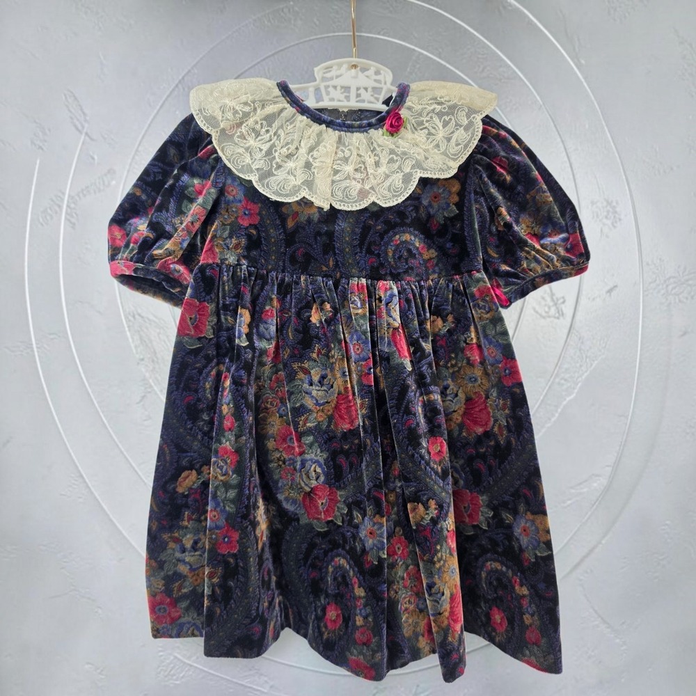 Vintage Girls Velvet Paisley Floral Dress Lace Collar Navy Blue Burgundy 4T